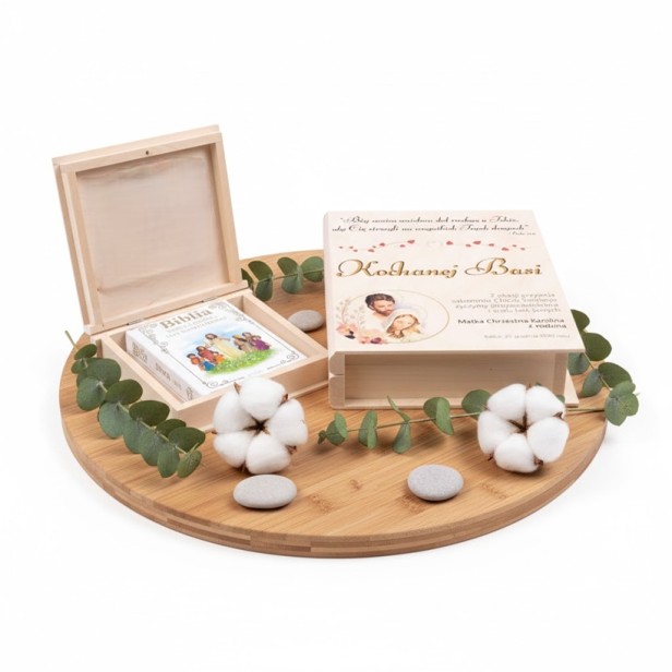 Biblia w drewnianym pudełku EKO ♻ z nadrukiem Ink-Jet – Pamiątka Chrztu Świętego