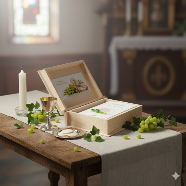 Biblia w drewnianym pudełku EKO ♻ z nadrukiem Ink-Jet – Pamiątka Pierwszej Komunii Świętej