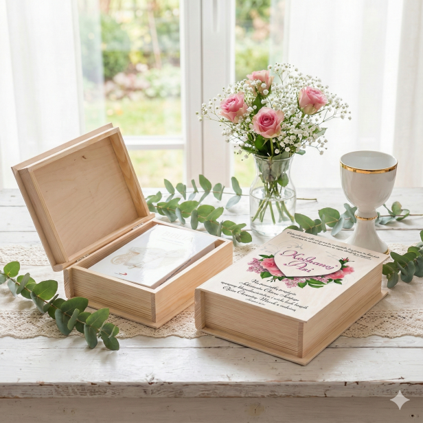 Biblia Pamiątkowa Chrztu Świętego w drewnianym pudełku EKO ♻ – nadruk Ink-Jet