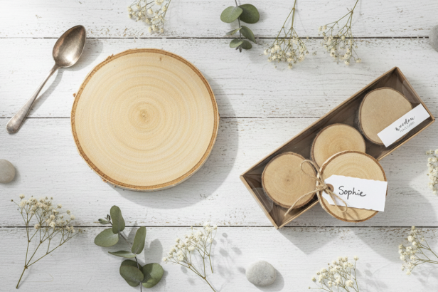 Ekologiczna podstawka z plastra drewna – komplet 6 sztuk Φ4,5–6,5 cm