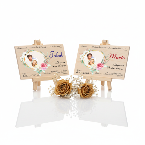 Pamiątkowa statuetka A4 z okazji Chrztu Świętego – Prezent z motywem Rodziny Świętej | Linia AUREA WOOD™