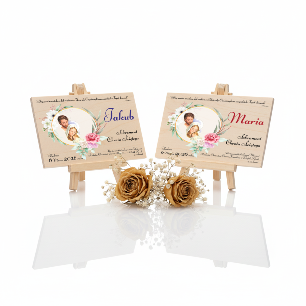 Pamiątkowa statuetka A4 z okazji Chrztu Świętego – Prezent z motywem Rodziny Świętej | Linia AUREA WOOD™