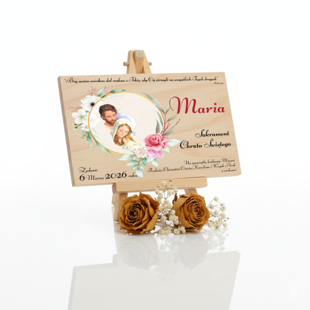 Pamiątkowa statuetka A4 z okazji Chrztu Świętego – Prezent z motywem Rodziny Świętej | Linia AUREA WOOD™ - projekt dla dziewczynki