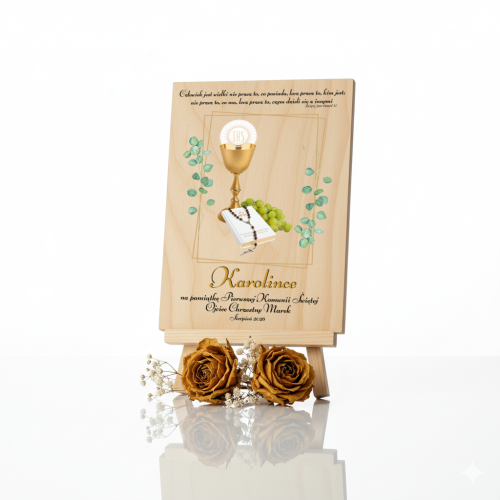 Pamiątkowa statuetka A5 z okazji I Komunii Świętej – Prezent komunijny | Linia AUREA WOOD™ (