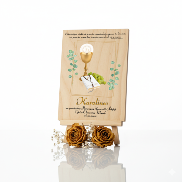 Pamiątkowa statuetka A5 z okazji I Komunii Świętej – Prezent komunijny | Linia AUREA WOOD™ (