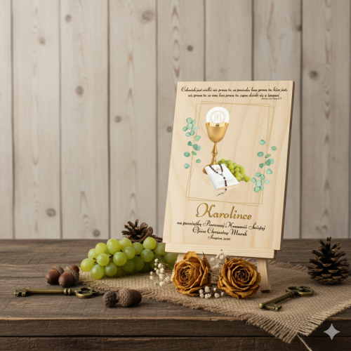 Pamiątkowa statuetka A5 z okazji I Komunii Świętej – Prezent komunijny | Linia AUREA WOOD™
