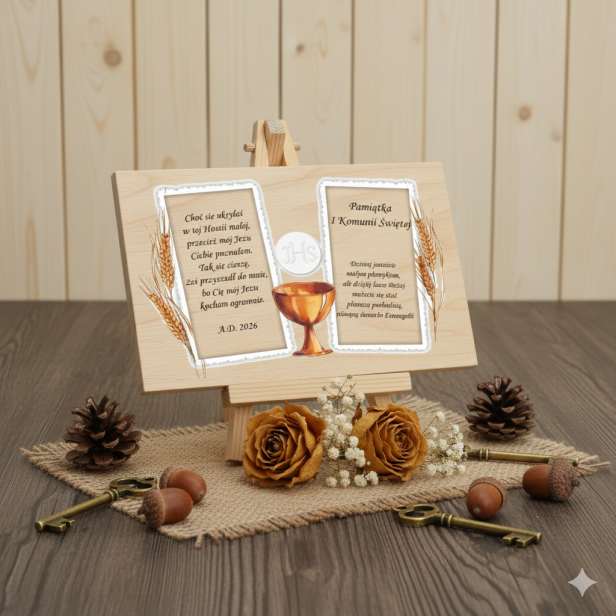 Pamiątkowa statuetka A4 z okazji I Komunii Świętej – Prezent komunijny | Linia AUREA WOOD™