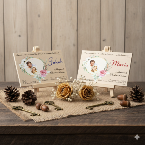 Pamiątkowa statuetka A4 z okazji Chrztu Świętego – Prezent z motywem Rodziny Świętej | Linia AUREA WOOD™