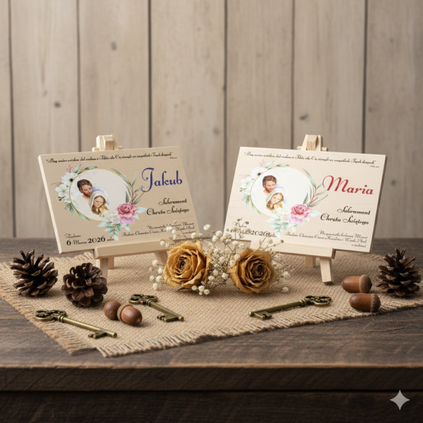 Pamiątkowa statuetka A4 z okazji Chrztu Świętego – Prezent z motywem Rodziny Świętej | Linia AUREA WOOD™