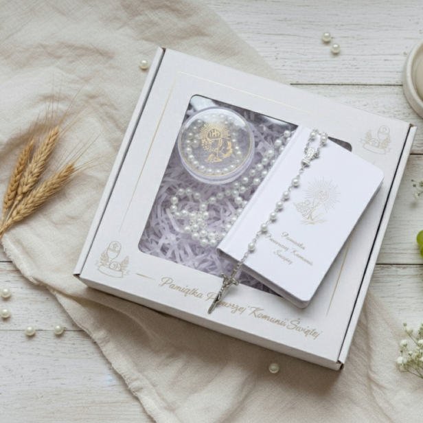 BOX komunijny – modlitewnik i różaniec Biała Perełka w pudełku z personalizacją
