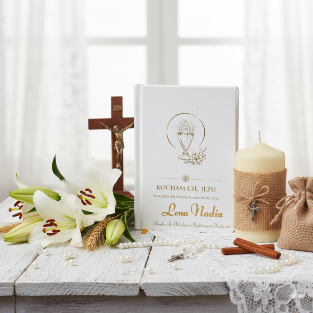 Książeczka Komunijna skarbczyk z laserowym nadrukiem UV - modlitewnik biały