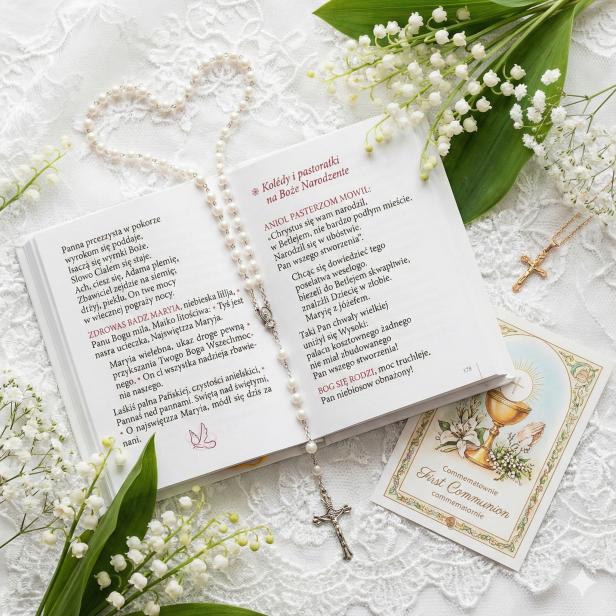 Książeczka Komunijna skarbczyk z laserowym nadrukiem UV - modlitewnik biały