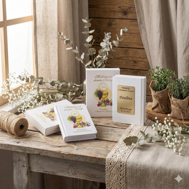 Modlitewnik Dziecka Bożego z grawerem – biała książeczka komunijna w etui