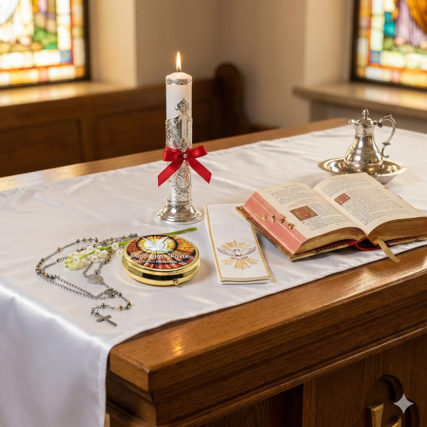 Różaniec z medalikiem św. Benedykta w pudełku z imieniem – pamiątka Sakramentu Bierzmowania