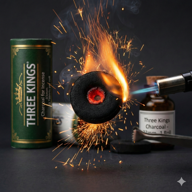 Węgielki THREE KINGS 33 mm – węgielki do kadzideł i shishy, 1 rolka (10 sztuk)