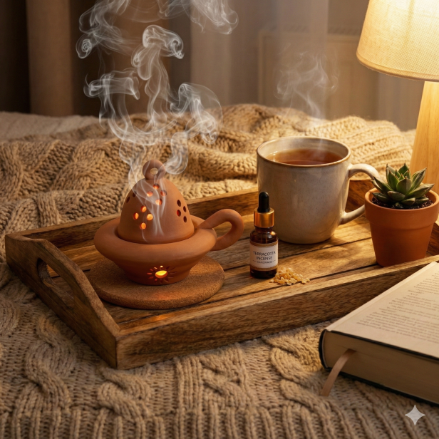 Kadzielniczka matowa terakota – ręcznie wykonana ceramiczna kadzielnica z korkową podstawką