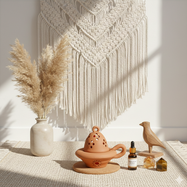 Kadzielniczka matowa terakota – ręcznie wykonana ceramiczna kadzielnica z korkową podstawką