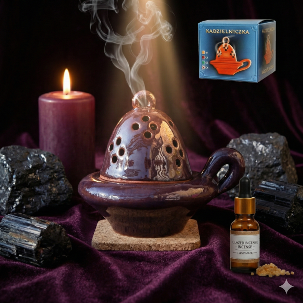 Kadzielniczka glazura fioletowo-brązowa – ręcznie wykonana ceramiczna kadzielnica z korkową podstawką