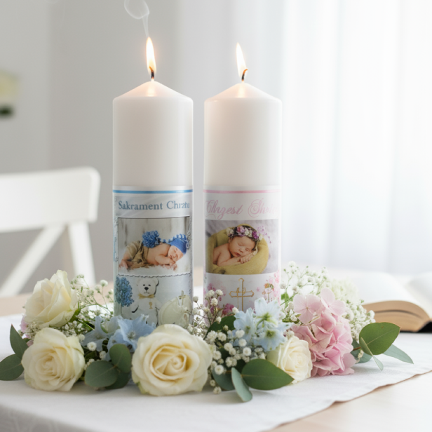aranżacja  Świeca pamiątkowa Chrzest Święty „Sakrament” – Kolekcja Sacrum