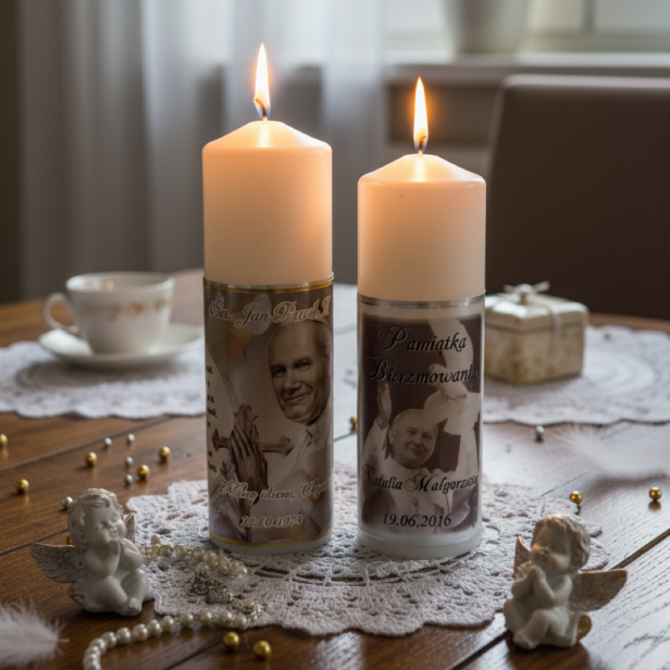 aranżacja - Świeca pamiątkowa na Bierzmowanie – ręcznie zdobiona, złota lub srebrna