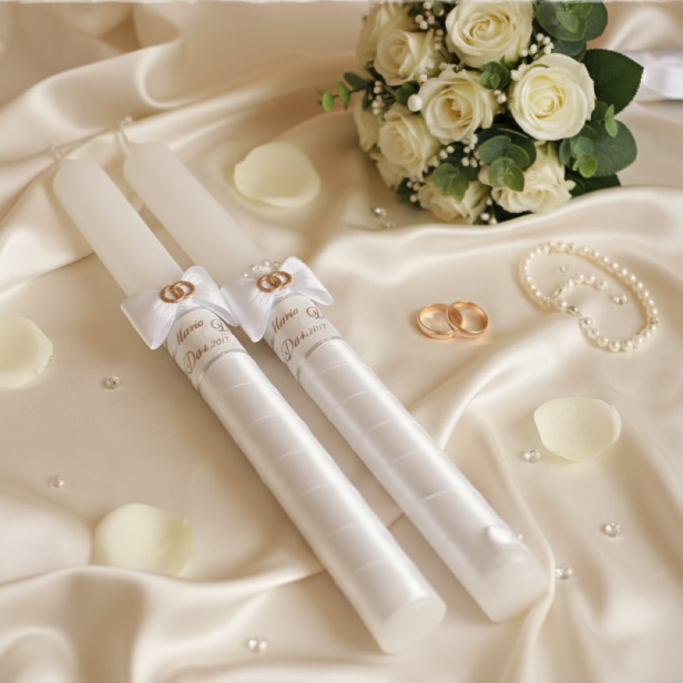 aranżacja Świeca ślubna z imionami i datą – elegancka pamiątka Sakramentu Małżeństwa