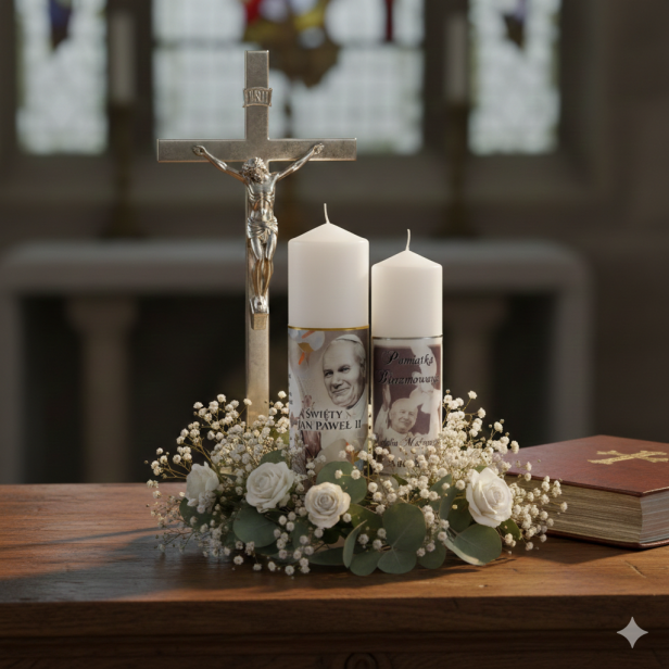 Świeca pamiątkowa na Bierzmowanie – ręcznie zdobiona, złota lub srebrna