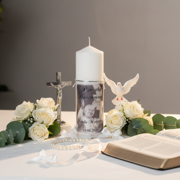 Świeca pamiątkowa na Bierzmowanie – ręcznie zdobiona, złota lub srebrna