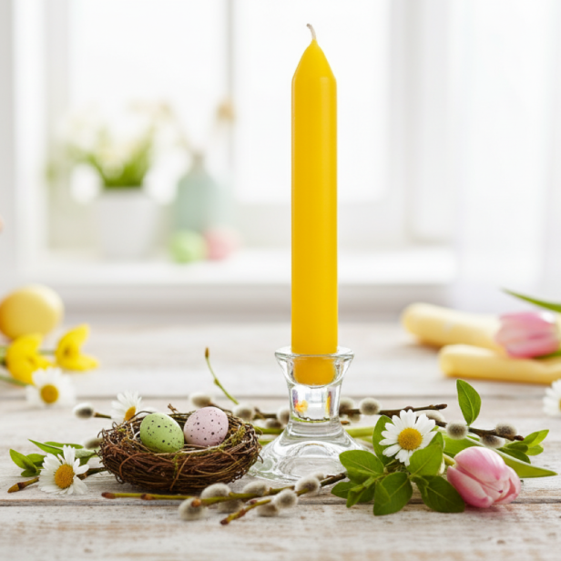 Świeczka stołowa prosta – żółta, klasyczna świeca dekoracyjna 17 cm
