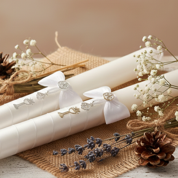 Świeca komunijna IHS z medalikiem Matki Bożej Szkaplerznej i Serca Jezusa