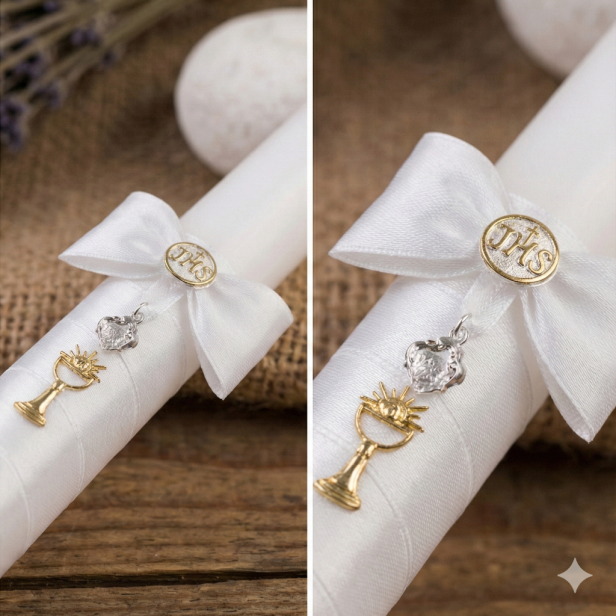 Świeca komunijna IHS z medalikiem Matki Bożej Szkaplerznej i Serca Jezusa - zdobienie złote