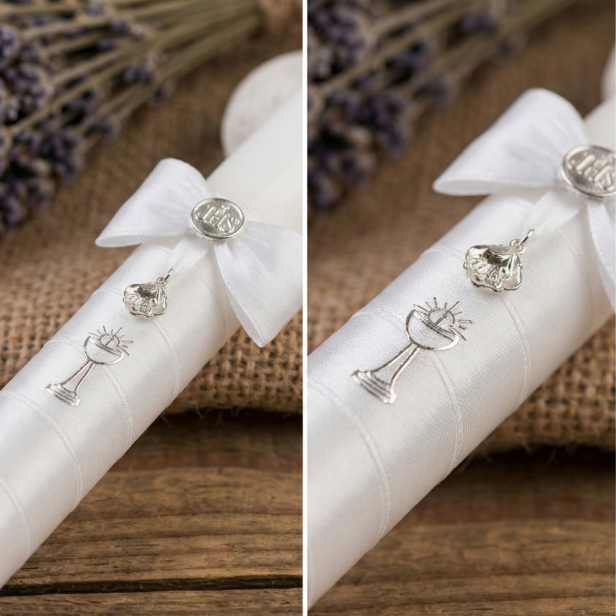 Świeca komunijna IHS z medalikiem Matki Bożej Szkaplerznej i Serca Jezusa - zdobienie srebrne