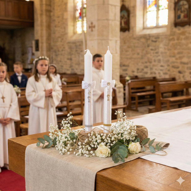 Świeca komunijna IHS z medalikiem Matki Bożej Szkaplerznej i Serca Jezusa