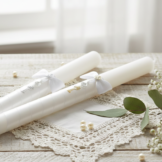 Świeca komunijna IHS z medalikiem Matki Bożej Szkaplerznej i Serca Jezusa