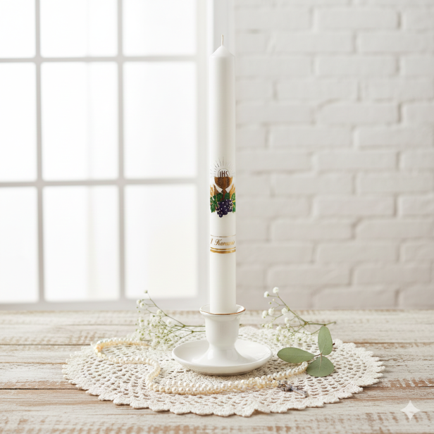 Świeca komunijna z naklejką – klasyczna gromnica na Pierwszą Komunię Świętą