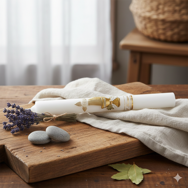 Świeca komunijna z aplikacją woskową I Komunia Święta – gromnica PREMIUM z pudełkiem