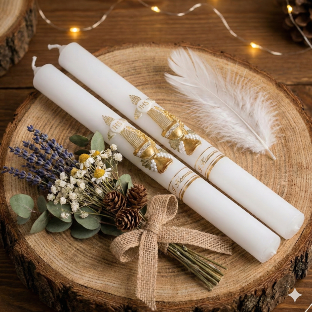 Świeca komunijna z aplikacją woskową I Komunia Święta – gromnica PREMIUM z pudełkiem