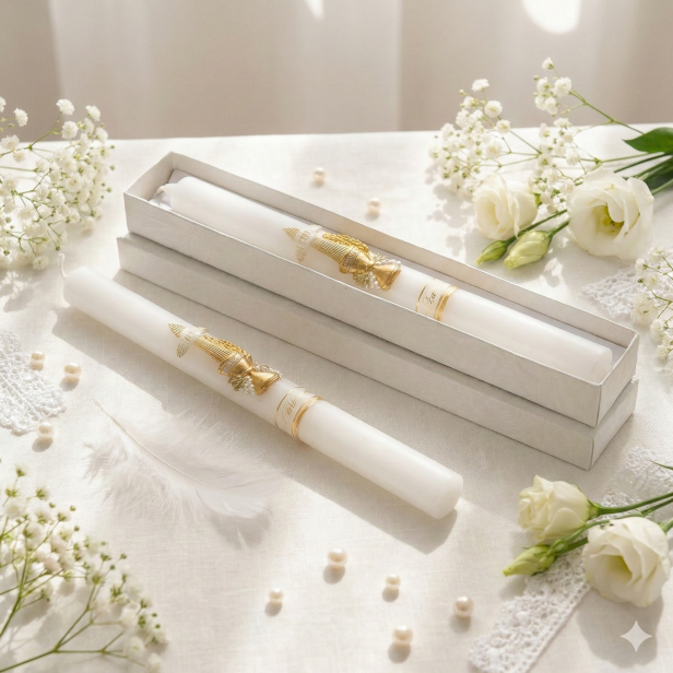 Świeca komunijna z aplikacją woskową I Komunia Święta – gromnica PREMIUM z pudełkiem