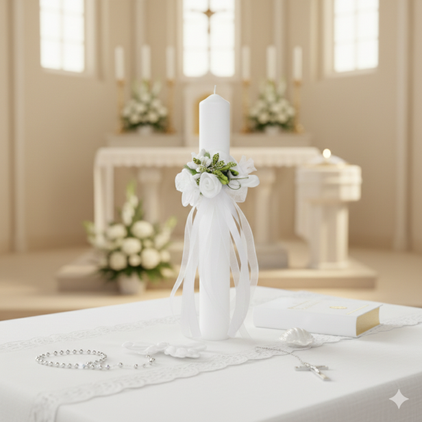 Stroik na świecę komunijną i chrzcielną – elegancka ozdoba na gromnicę