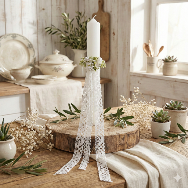 Stroik koronkowy na świecę komunijną i chrzcielną – elegancka ozdoba na gromnicę