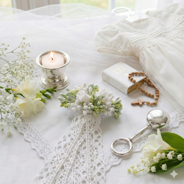 Stroik koronkowy na świecę komunijną i chrzcielną – elegancka ozdoba na gromnicę