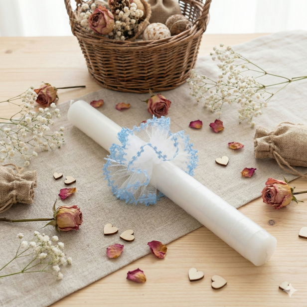 BŁĘKITNY - Ozdoba Stroik Osłonka na świecę – elegancki dodatek na Chrzest lub Komunię