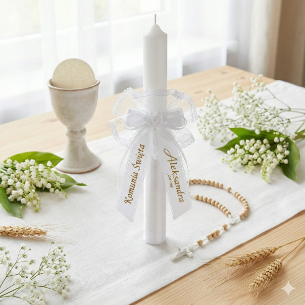 Ozdoba na świecę z imieniem dziecka – personalizowany stroik na Chrzest lub Komunię