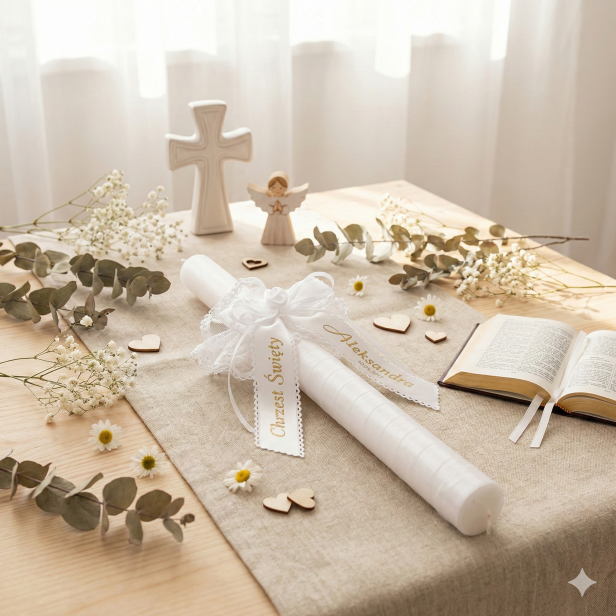 Ozdoba na świecę z imieniem dziecka – personalizowany stroik na Chrzest lub Komunię