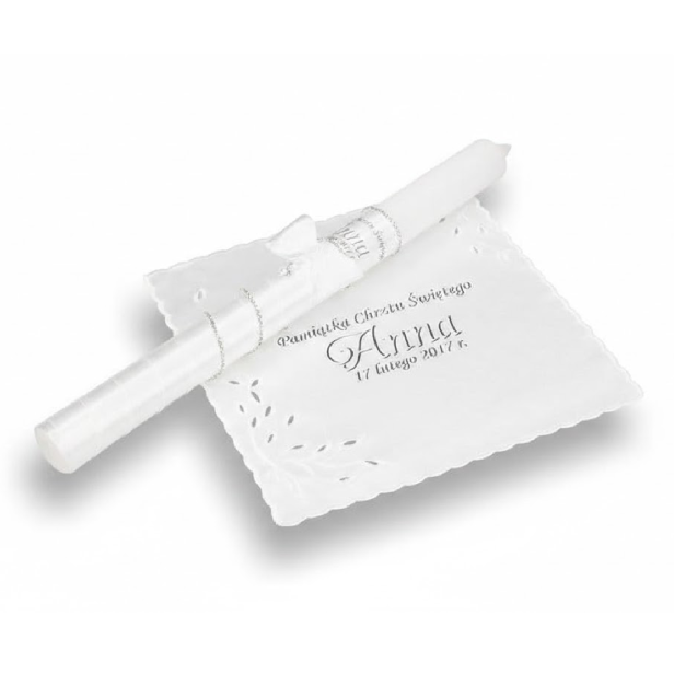 Świeca i Szatka do Chrztu „Glamour Crystal – Blask Wiary” – biały zestaw z kryształkiem Preciosa®