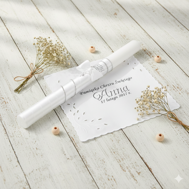 Świeca i Szatka do Chrztu „Glamour Crystal – Blask Wiary” – biały zestaw z kryształkiem Preciosa®