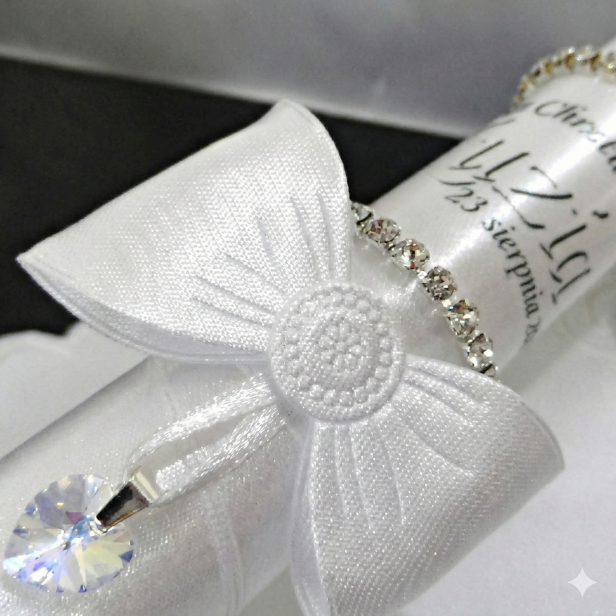 Świeca i Szatka do Chrztu „Glamour Crystal – Blask Wiary” – zestaw z kryształkiem Preciosa®