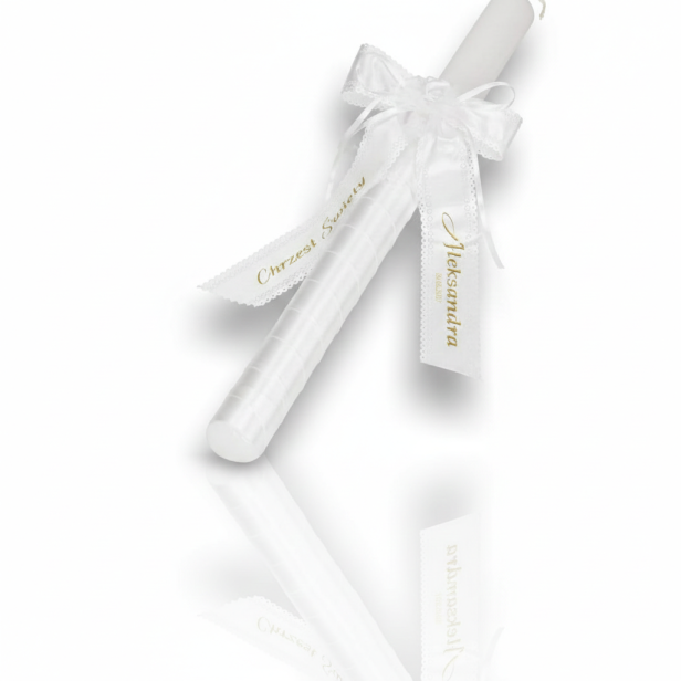 Kokarda na świecę z imieniem dziecka – personalizowana ozdoba na Chrzest lub Komunię