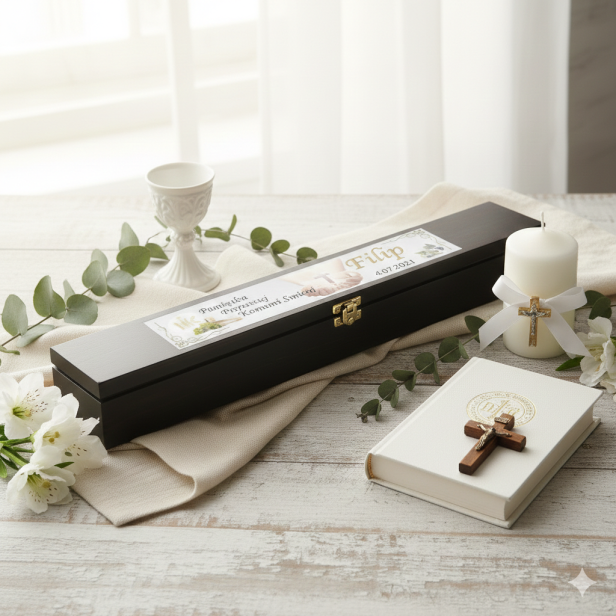 Drewniane pudełko na świecę komunijną z nadrukiem – pamiątka Pierwszej Komunii Świętej