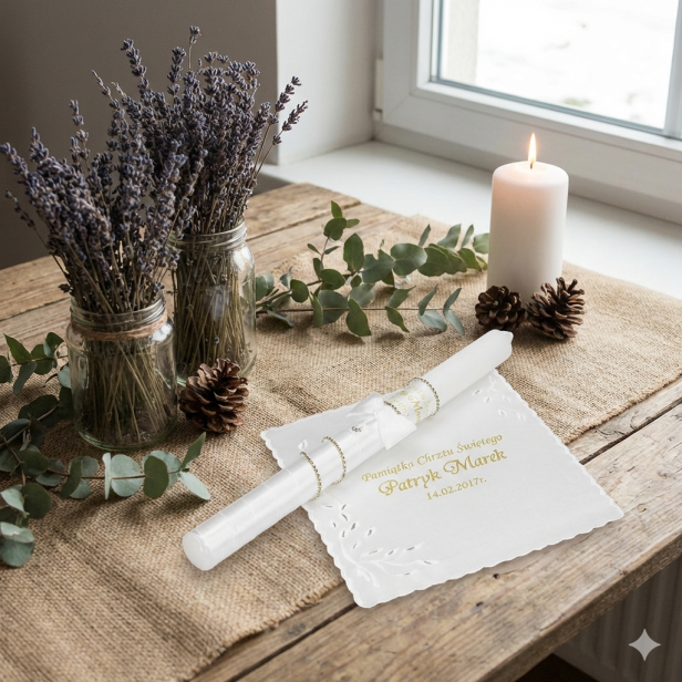 Świeca i Szatka do Chrztu „Glamour Crystal – Blask Wiary” – złoty zestaw z kryształkiem Preciosa®