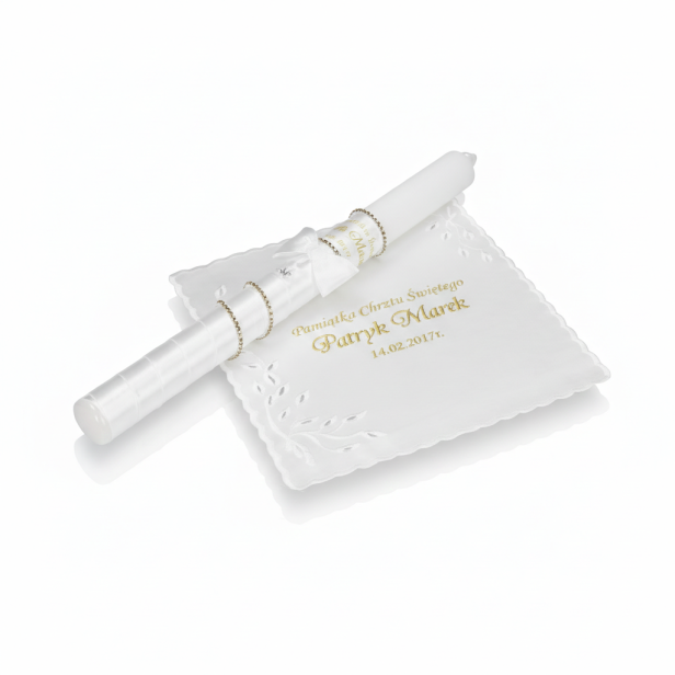 Świeca i Szatka do Chrztu „Glamour Crystal – Blask Wiary” – złoty zestaw z kryształkiem Preciosa®